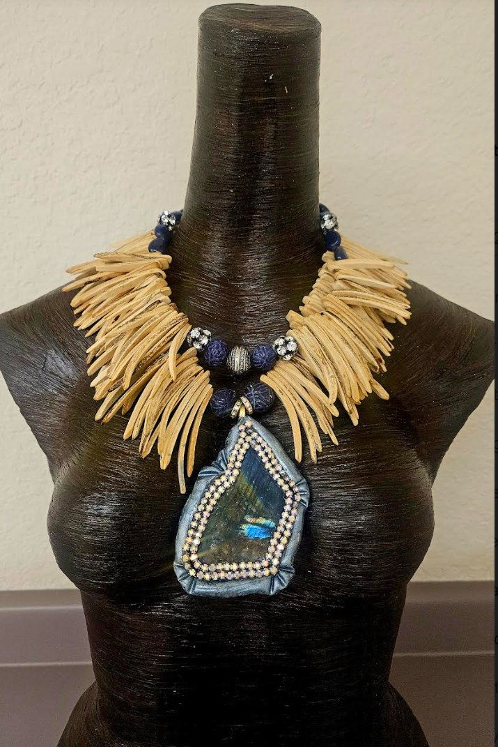 Labradorite Sculpted Slab & Coconut Fringe Chest Piece - Exotic Wood and Gemstone Unisex Statement Necklace - Spectrolite Sapphire and Rhinestone Bib - Kat Kouture Jewelry