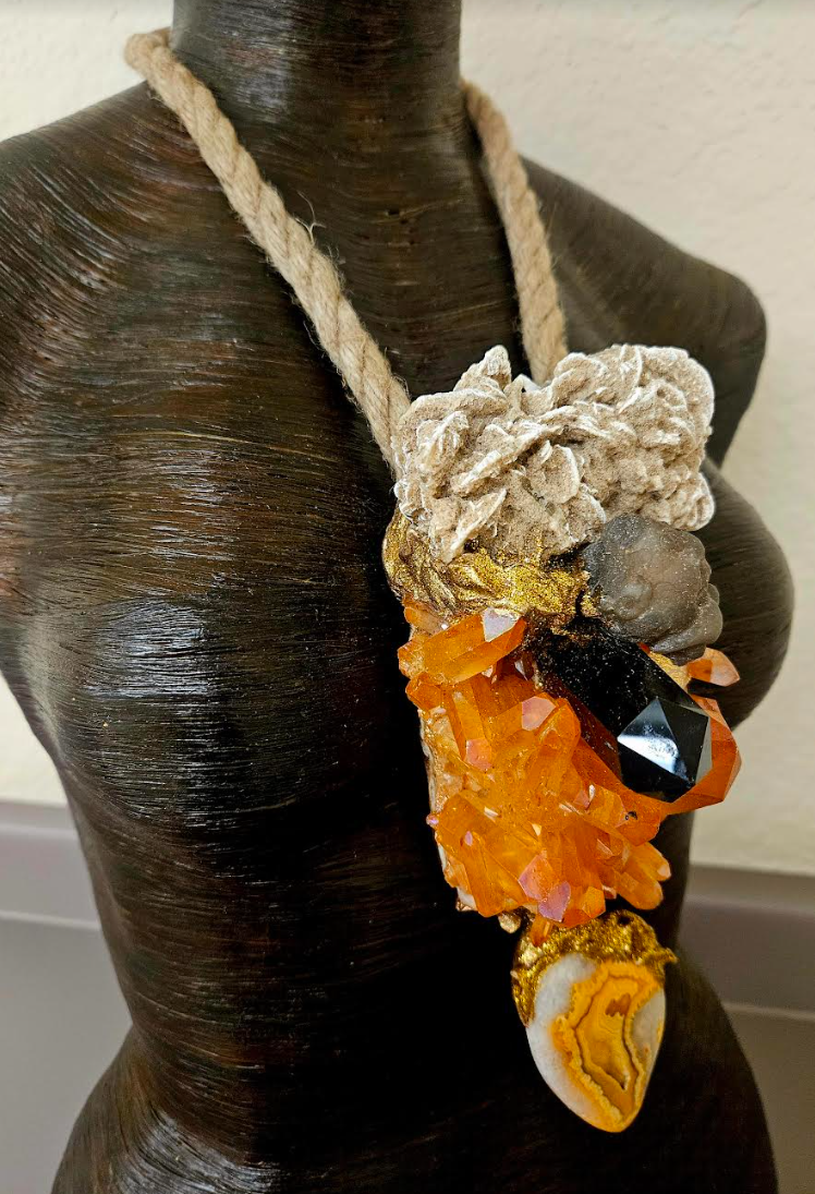 Mixed Gemstone Sculpted Statement Pendant with Jute Rope - Big and Tall Mens Quartz Agate and Desert Rose Gemstone Amulet - Boho Couture Talisman for Autumn Kat Kouture Jewelry