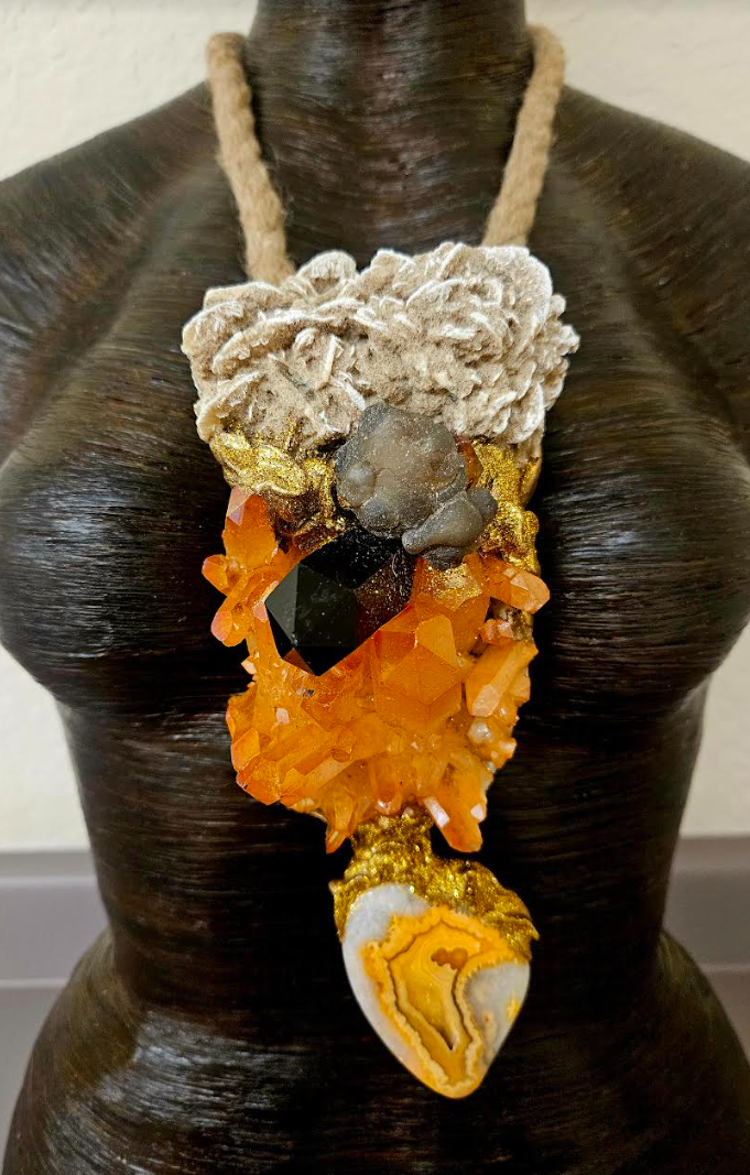 Mixed Gemstone Sculpted Statement Pendant with Jute Rope - Big and Tall Mens Quartz Agate and Desert Rose Gemstone Amulet - Boho Couture Talisman for Autumn Kat Kouture Jewelry