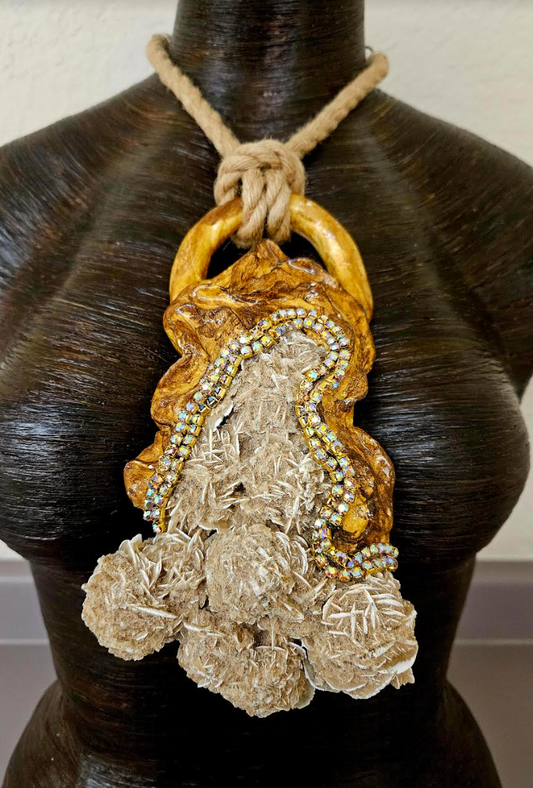 Desert Rose Sculpted Statement Pendant with Jute Rope - Unisex Selenite Gypsum Gemston Chest Piece - Autumn Crystal Amulet with Hemp Cord - Kat Kouture Jewelry