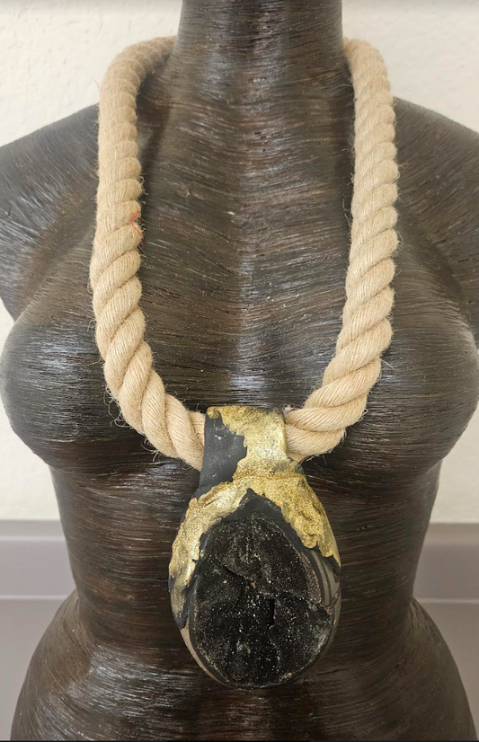 Septarian Geode Sculpted Pendant With Thick Jute Rope - Earth Tone Dragons Egg Talisman on a Hemp Rope - Boho Couture Chest Piece - Kat Kouture Jewelry