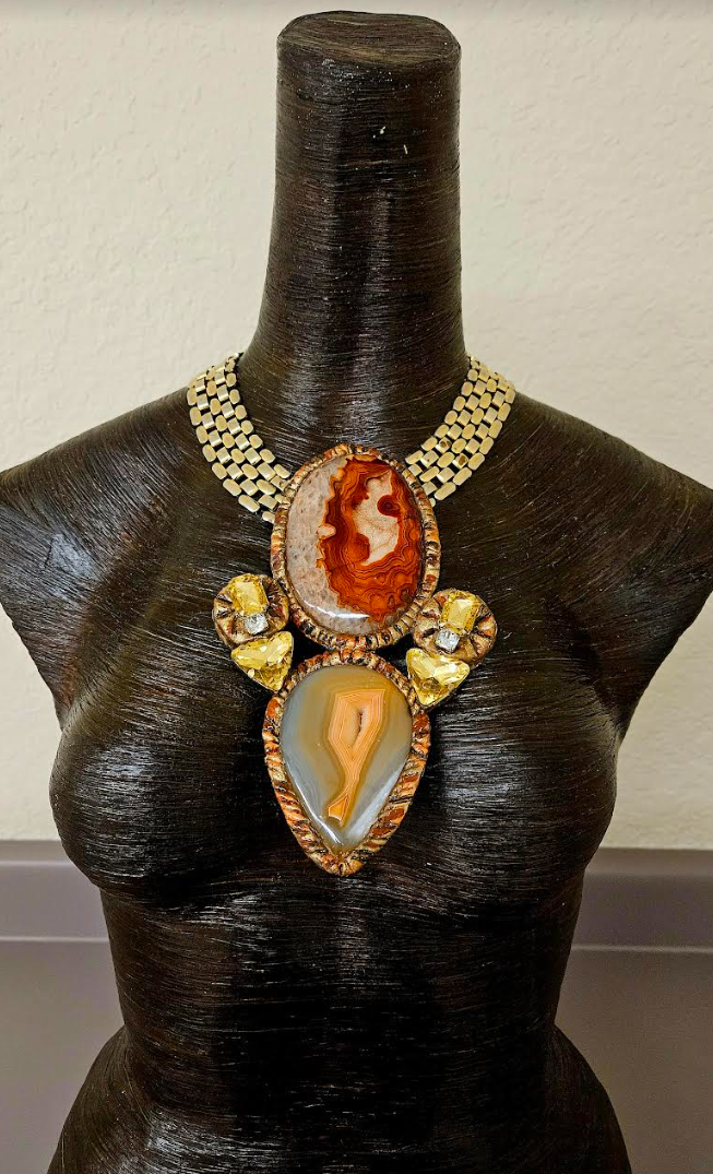 Luxury Druzy Agate Sculpted Totem for Autumn with Vintage Chain - High End Gemstone & Rhinestone Couture Chest Piece - Orange Rust and Beige Agate Statement Necklace - Kat Kouture Jewelry