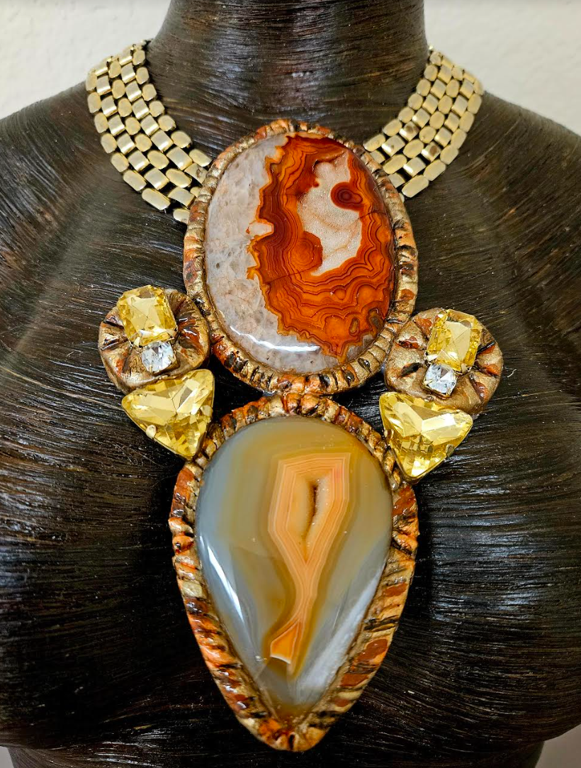 Luxury Druzy Agate Sculpted Totem for Autumn with Vintage Chain - High End Gemstone & Rhinestone Couture Chest Piece - Orange Rust and Beige Agate Statement Necklace - Kat Kouture Jewelry