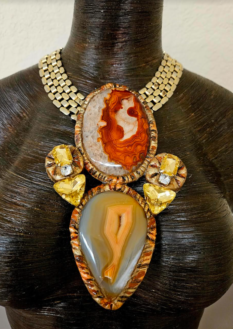 Luxury Druzy Agate Sculpted Totem for Autumn with Vintage Chain - High End Gemstone & Rhinestone Couture Chest Piece - Orange Rust and Beige Agate Statement Necklace - Kat Kouture Jewelry