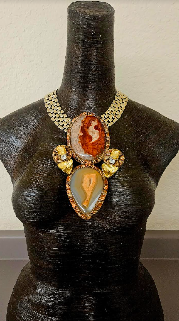 Luxury Druzy Agate Sculpted Totem for Autumn with Vintage Chain - High End Gemstone & Rhinestone Couture Chest Piece - Orange Rust and Beige Agate Statement Necklace - Kat Kouture Jewelry