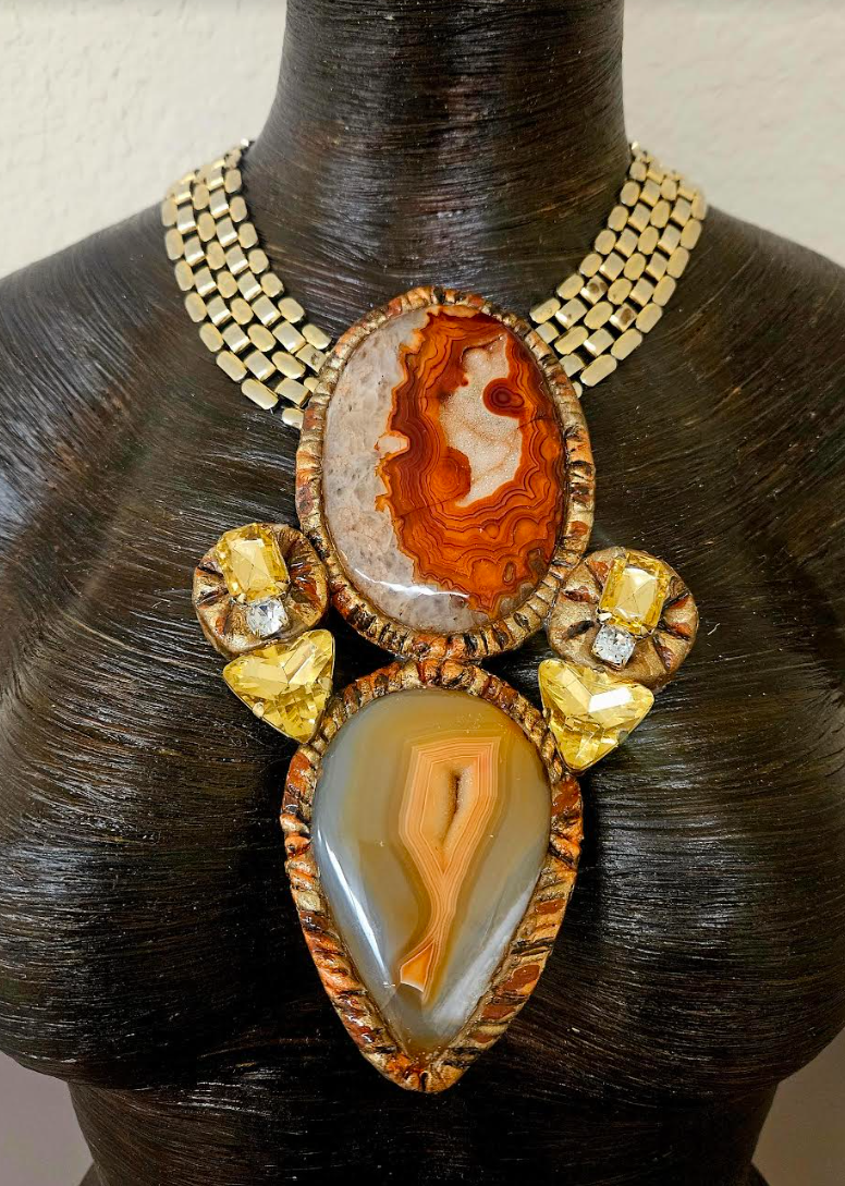 Luxury Druzy Agate Sculpted Totem for Autumn with Vintage Chain - High End Gemstone & Rhinestone Couture Chest Piece - Orange Rust and Beige Agate Statement Necklace - Kat Kouture Jewelry