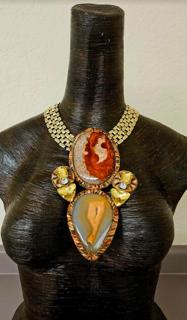 Luxury Druzy Agate Sculpted Totem for Autumn with Vintage Chain - High End Gemstone & Rhinestone Couture Chest Piece - Orange Rust and Beige Agate Statement Necklace - Kat Kouture Jewelry