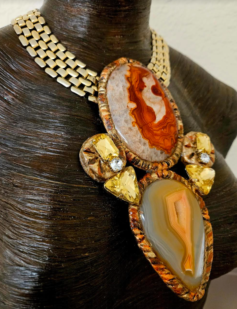 Luxury Druzy Agate Sculpted Totem for Autumn with Vintage Chain - High End Gemstone & Rhinestone Couture Chest Piece - Orange Rust and Beige Agate Statement Necklace - Kat Kouture Jewelry