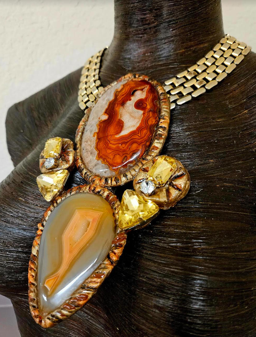 Luxury Druzy Agate Sculpted Totem for Autumn with Vintage Chain - High End Gemstone & Rhinestone Couture Chest Piece - Orange Rust and Beige Agate Statement Necklace - Kat Kouture Jewelry