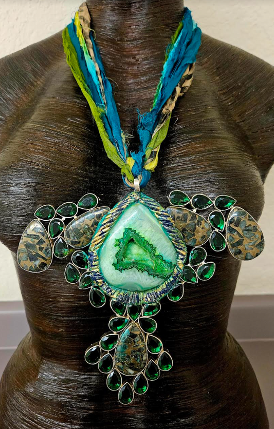 Avant Garde Upcycled Green Glass & Druzy Agate Pendant with Sari Silk - Bohemian Couture Emerald Green Sculpted Agate Chest Piece - Kat Kouture Jewelry