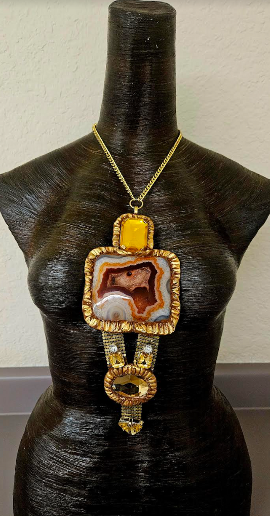 Art Deco Style Druzy Agate and Crystal Chest Piece - Gatsby Inspired Flapper Statement Necklace - 1920's Revival Statement Pendant - Kat Kouture Jewelry