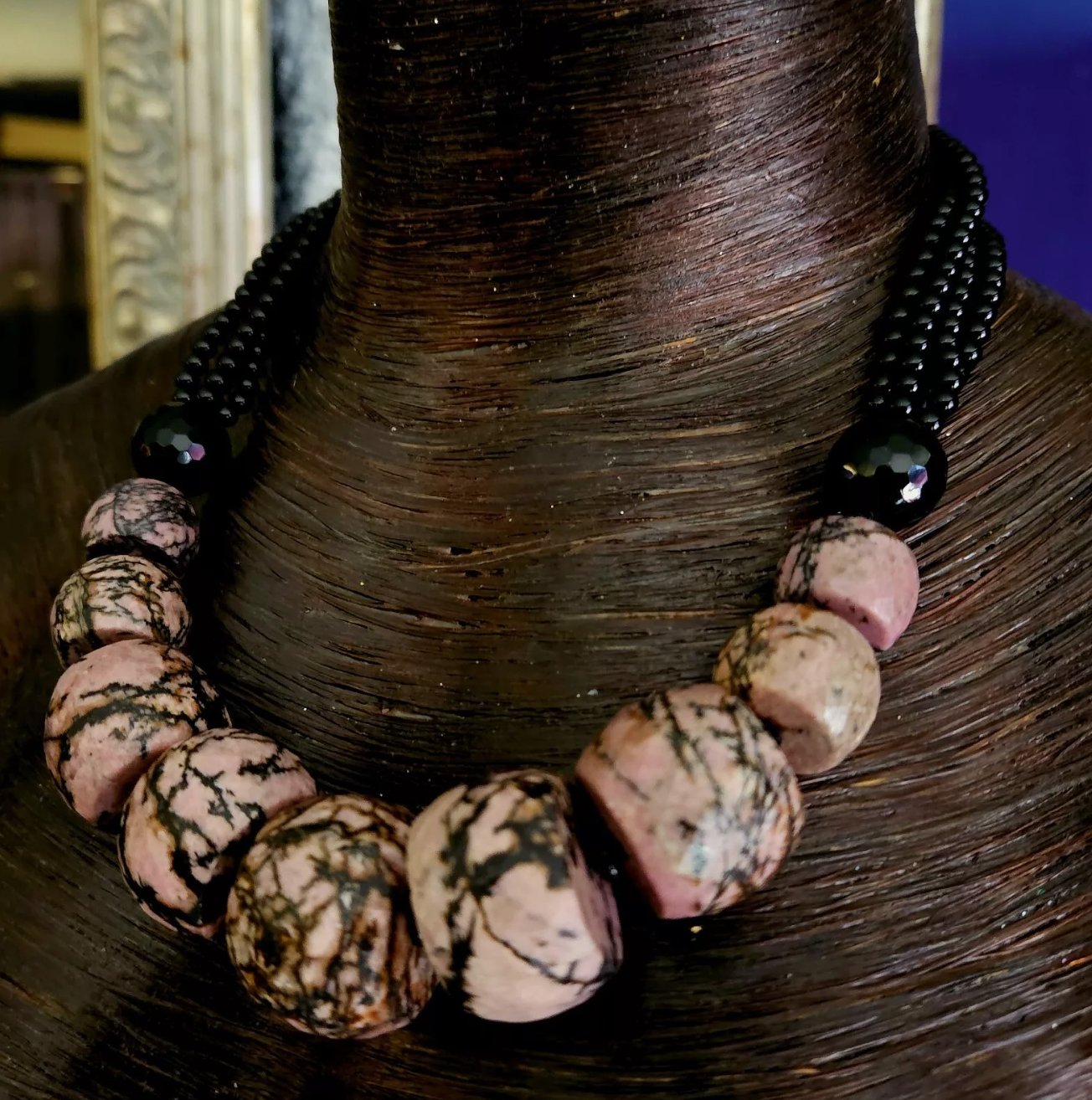 Rhodonite Jasper Rondelle & Black Onyx Beaded Statement Necklace - Necklace for Business or Professional Venues - Pink and Black Gemstone Neck Candy - Kat Kouture Jewelry