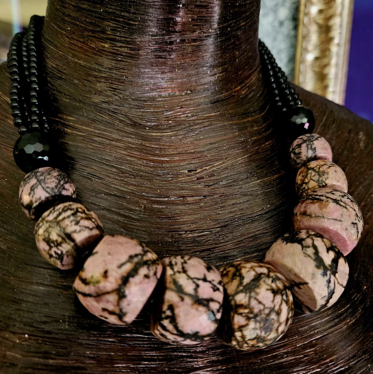 Rhodonite Jasper Rondelle & Black Onyx Beaded Statement Necklace - Necklace for Business or Professional Venues - Pink and Black Gemstone Neck Candy - Kat Kouture Jewelry