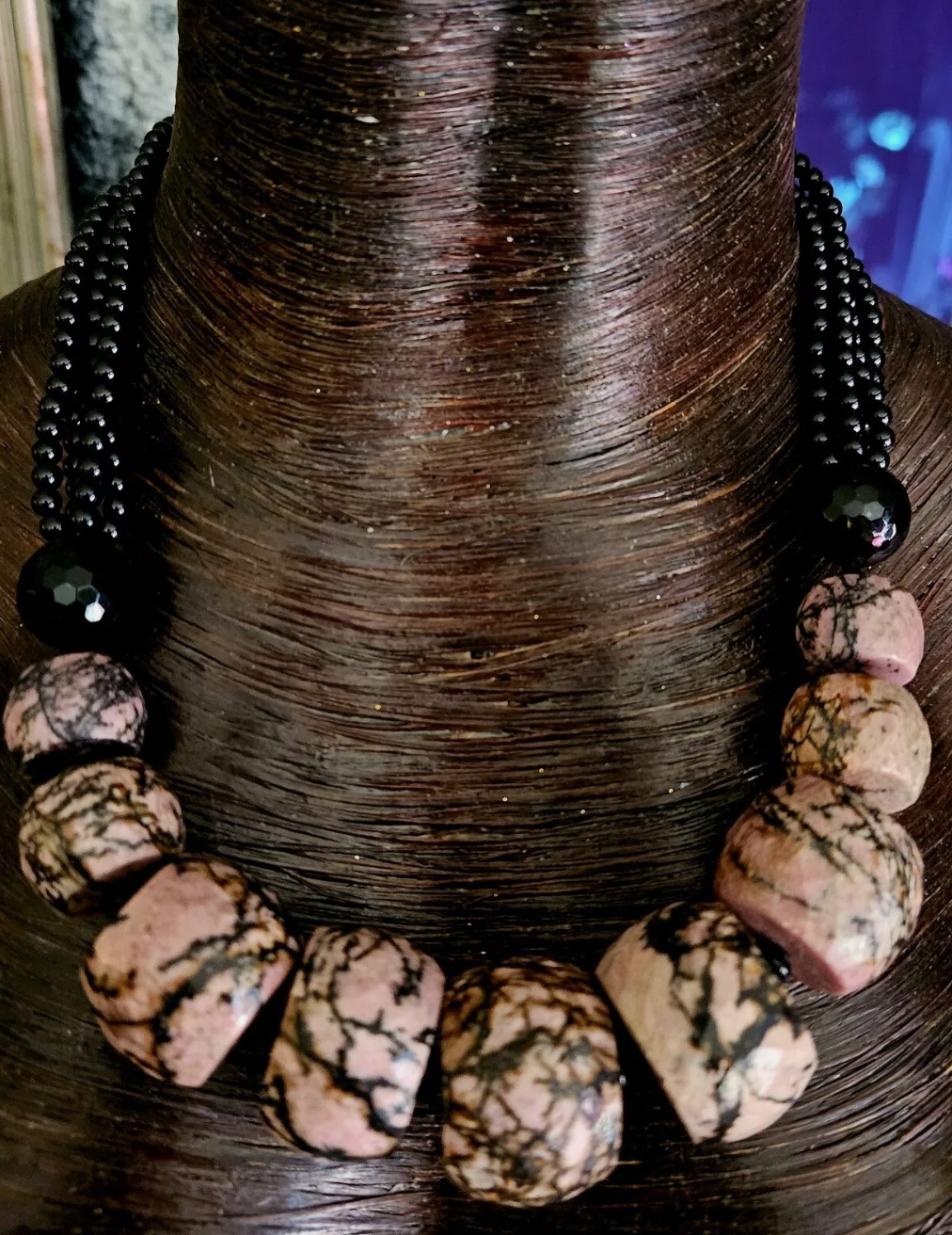 Rhodonite Jasper Rondelle & Black Onyx Beaded Statement Necklace - Necklace for Business or Professional Venues - Pink and Black Gemstone Neck Candy - Kat Kouture Jewelry