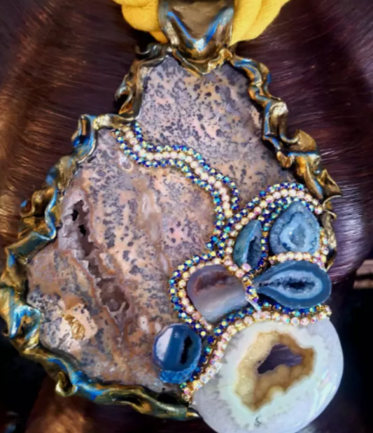 Wild Jasper Slab & Druzy Geode Sculpted Chest Piece - Mens