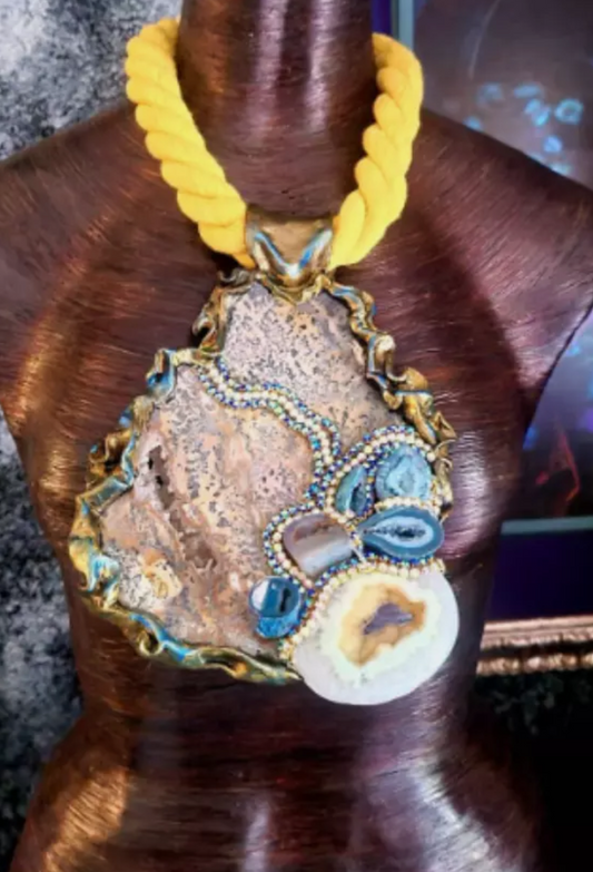 Cheetah Jasper Slab & Druzy Geode Statement Pendant with Yellow Rope - Artisan Sculpted Gemstone Chest Piece for Men - Kat Kouture Jewelry