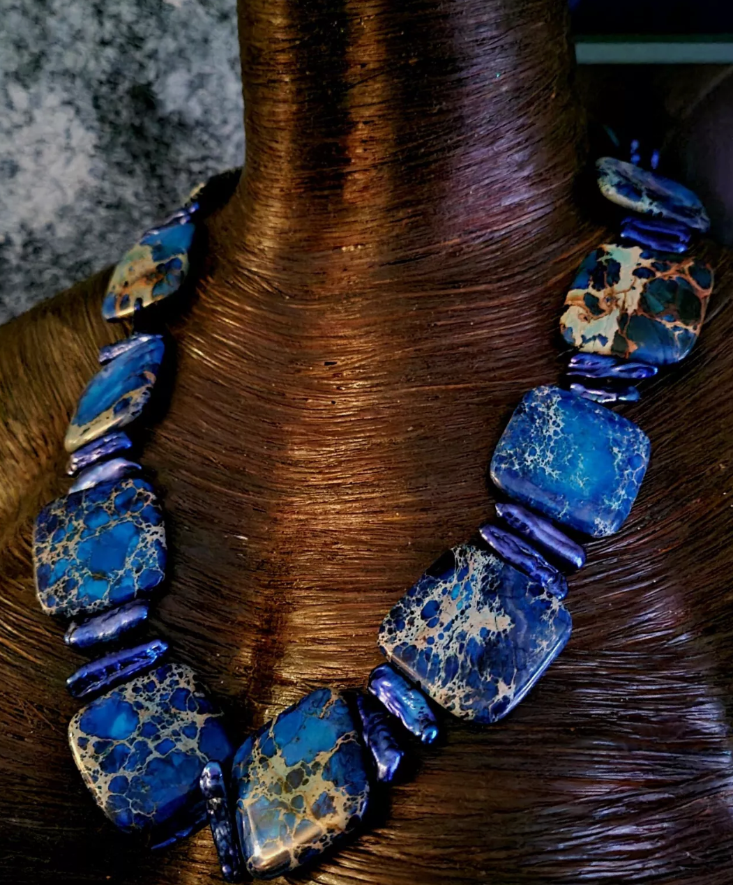 Blue Sea Sediment Jasper & Freshwater Pearl Statement Necklace - Professional or Business Venue Necklace - Rich Posh and Elegant Neck Candy - Kat Kouture Jewelry