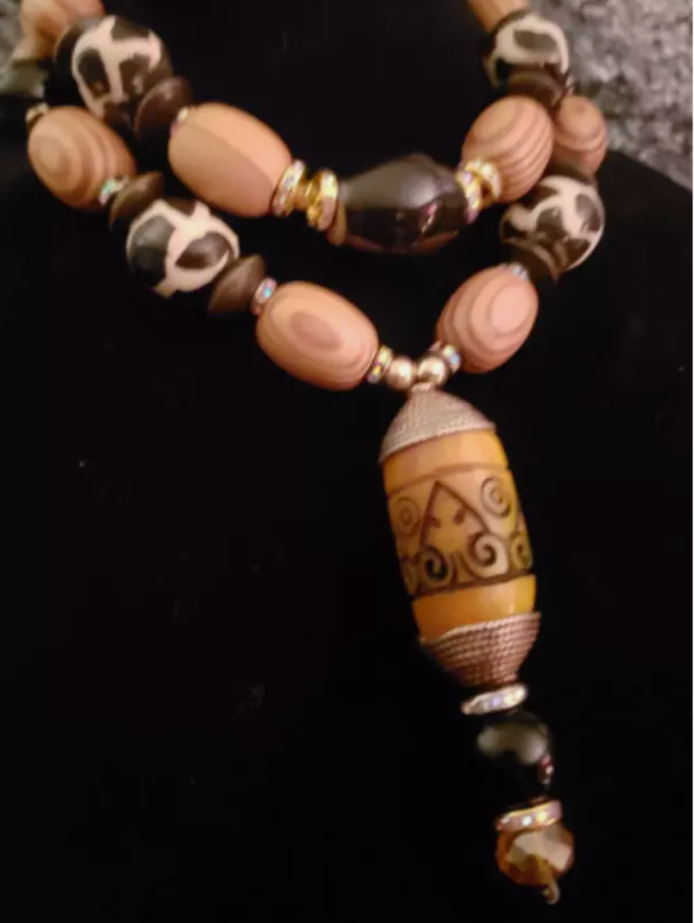 Earth Tone Tribal Beaded Necklace for Petite Women - Wood Bone & Tibetan Resin Ethnic Statement Pendant - OOAK African Inspired Neck Candy - Kat Kouture Jewelry