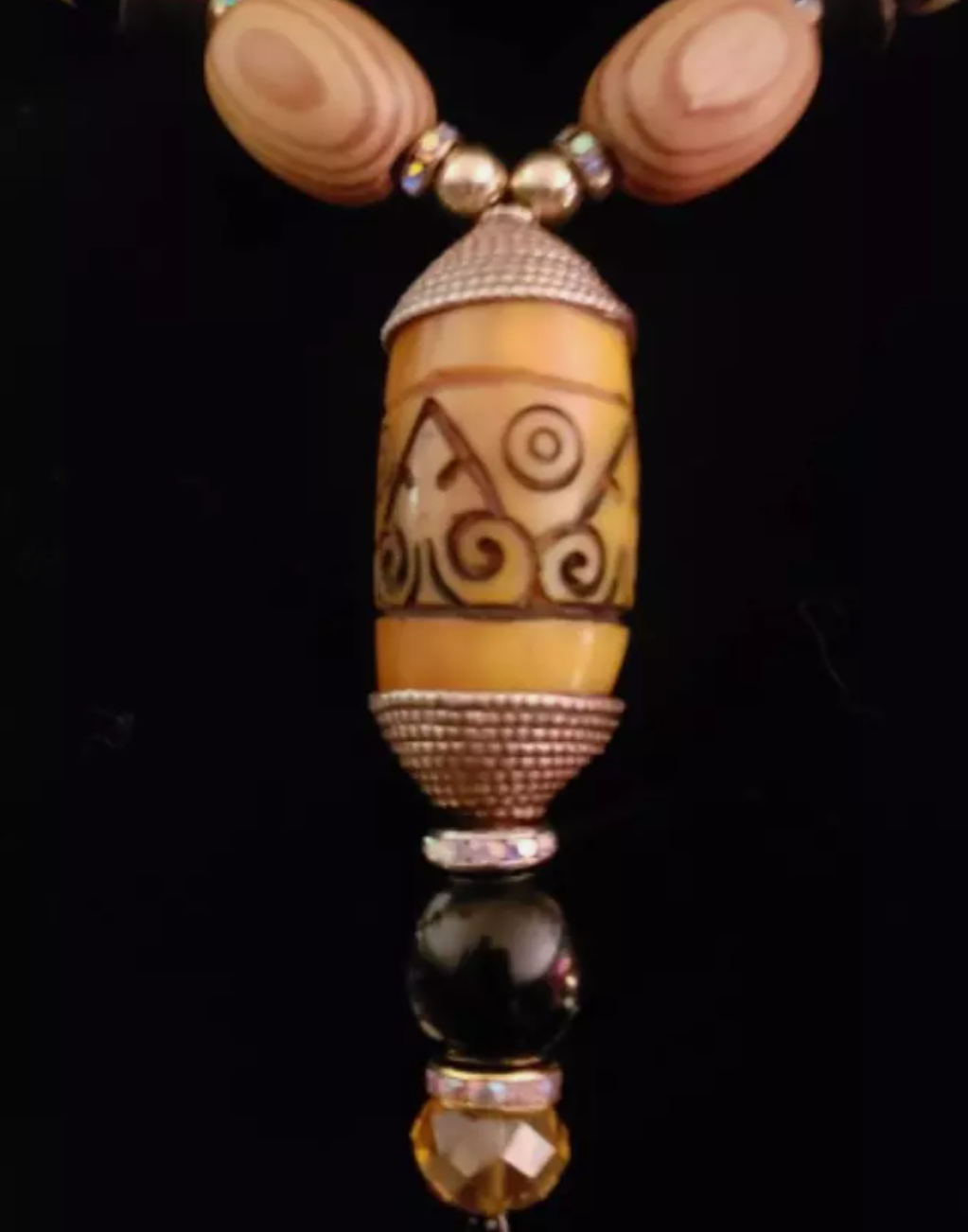 Earth Tone Tribal Beaded Necklace for Petite Women - Wood Bone & Tibetan Resin Ethnic Statement Pendant - OOAK African Inspired Neck Candy - Kat Kouture Jewelry