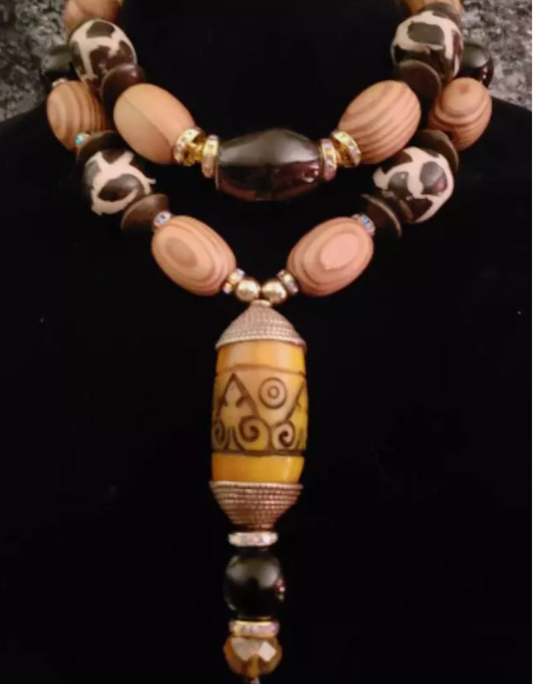 Earth Tone Tribal Beaded Necklace for Petite Women - Wood Bone & Tibetan Resin Ethnic Statement Pendant - OOAK African Inspired Neck Candy - Kat Kouture Jewelry