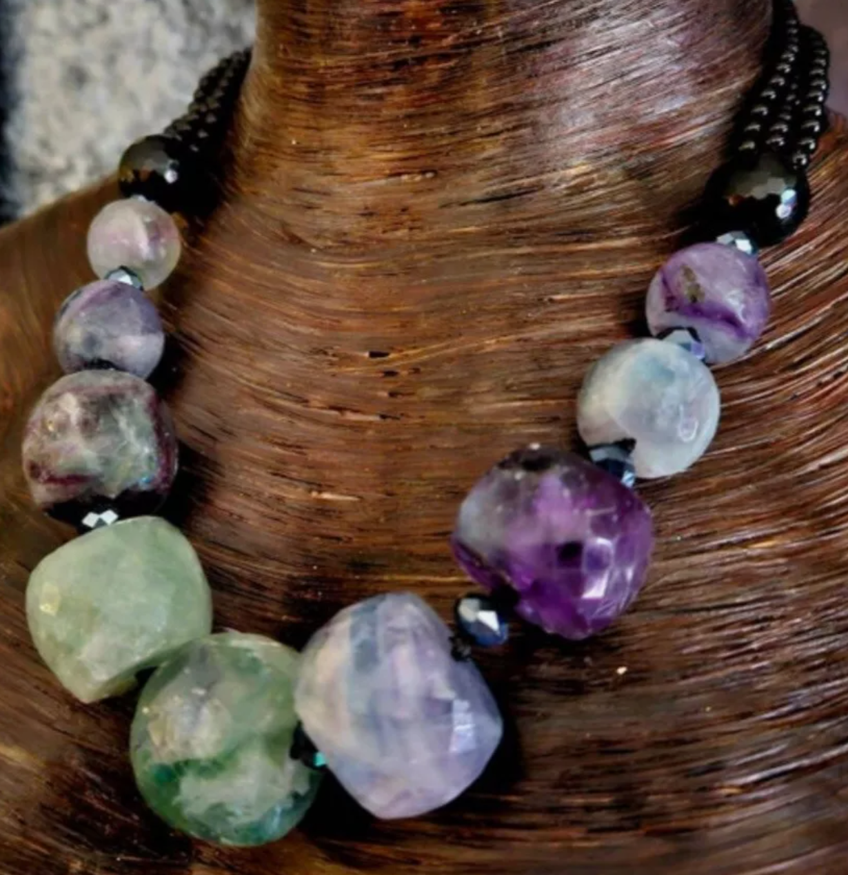 Faceted Fluorite Rondelle & Black Onyx Statement Necklace - Bold Chunky and Heavy Necklace for Professional Venues - Green and Purple Gemstone Choker - Kat Kouture Jewelry