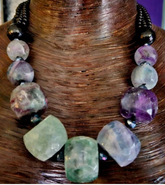 Faceted Fluorite Rondelle & Black Onyx Statement Necklace - Bold Chunky and Heavy Necklace for Professional Venues - Green and Purple Gemstone Choker - Kat Kouture Jewelry