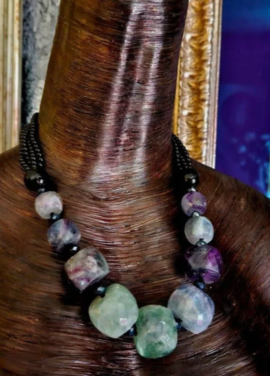 Faceted Fluorite Rondelle & Black Onyx Statement Necklace - Bold Chunky and Heavy Necklace for Professional Venues - Green and Purple Gemstone Choker - Kat Kouture Jewelry