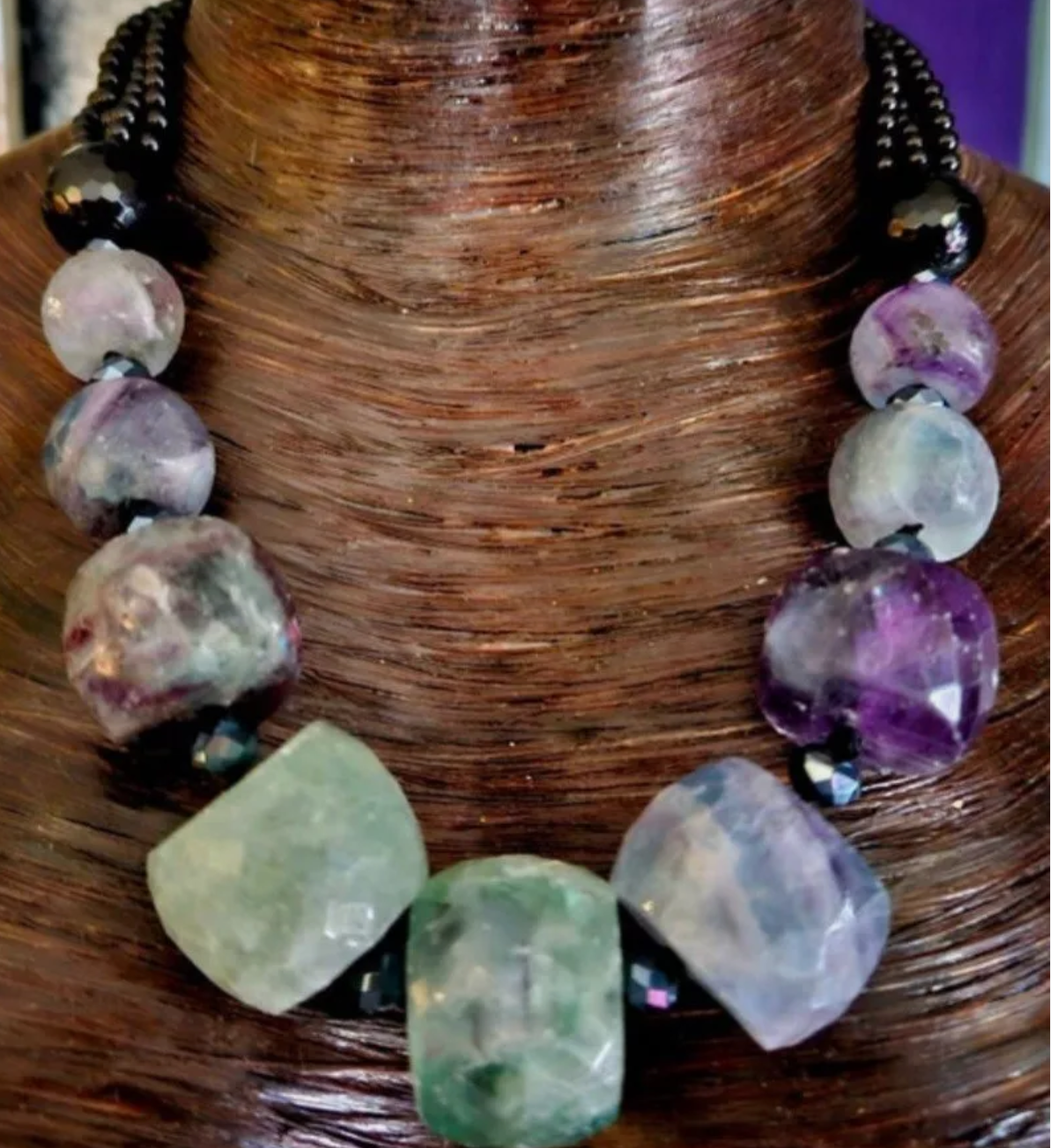 Faceted Fluorite Rondelle & Black Onyx Statement Necklace - Bold Chunky and Heavy Necklace for Professional Venues - Green and Purple Gemstone Choker - Kat Kouture Jewelry