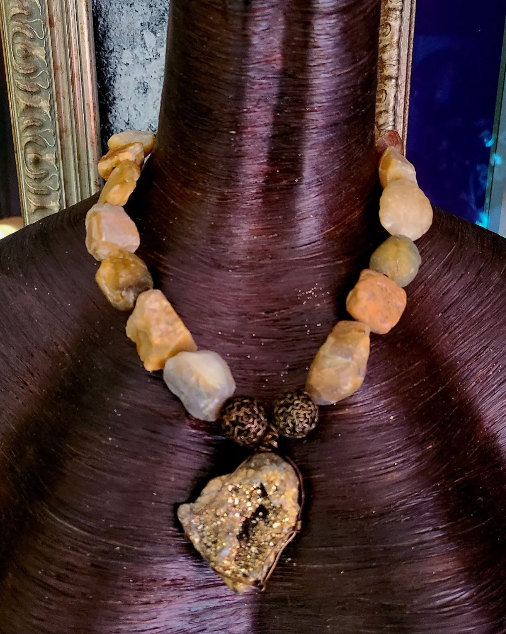 Rough Earth Tone Agate or Opal Necklace with Gold Druzy Geode Pendant - Unisex Earthy Gemstone Neck Candy - Fall Fashion - Kat Kouture Jewelry