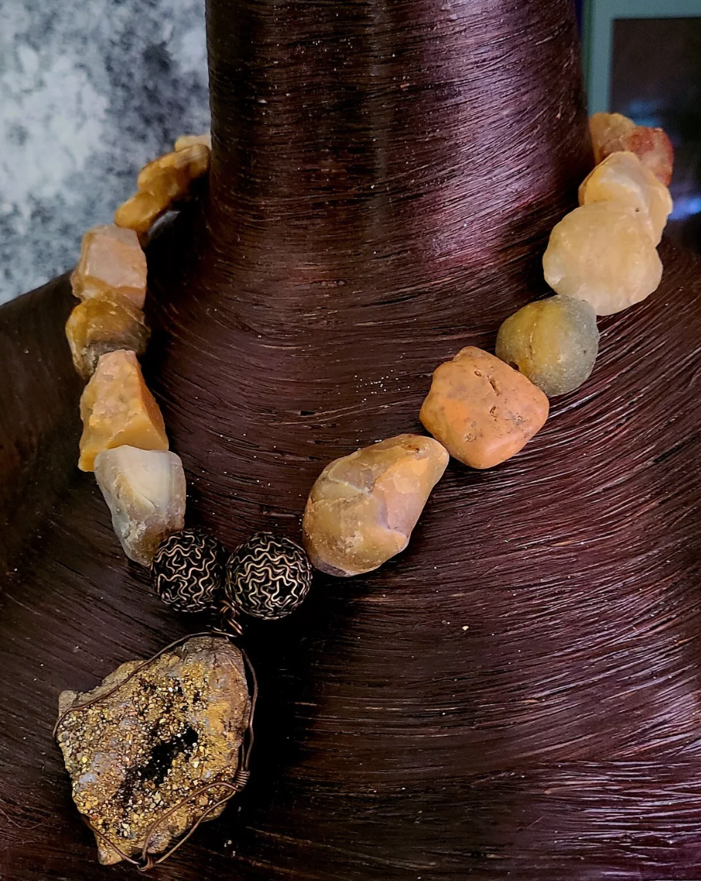 Rough Earth Tone Agate or Opal Necklace with Gold Druzy Geode Pendant - Unisex Earthy Gemstone Neck Candy - Fall Fashion - Kat Kouture Jewelry