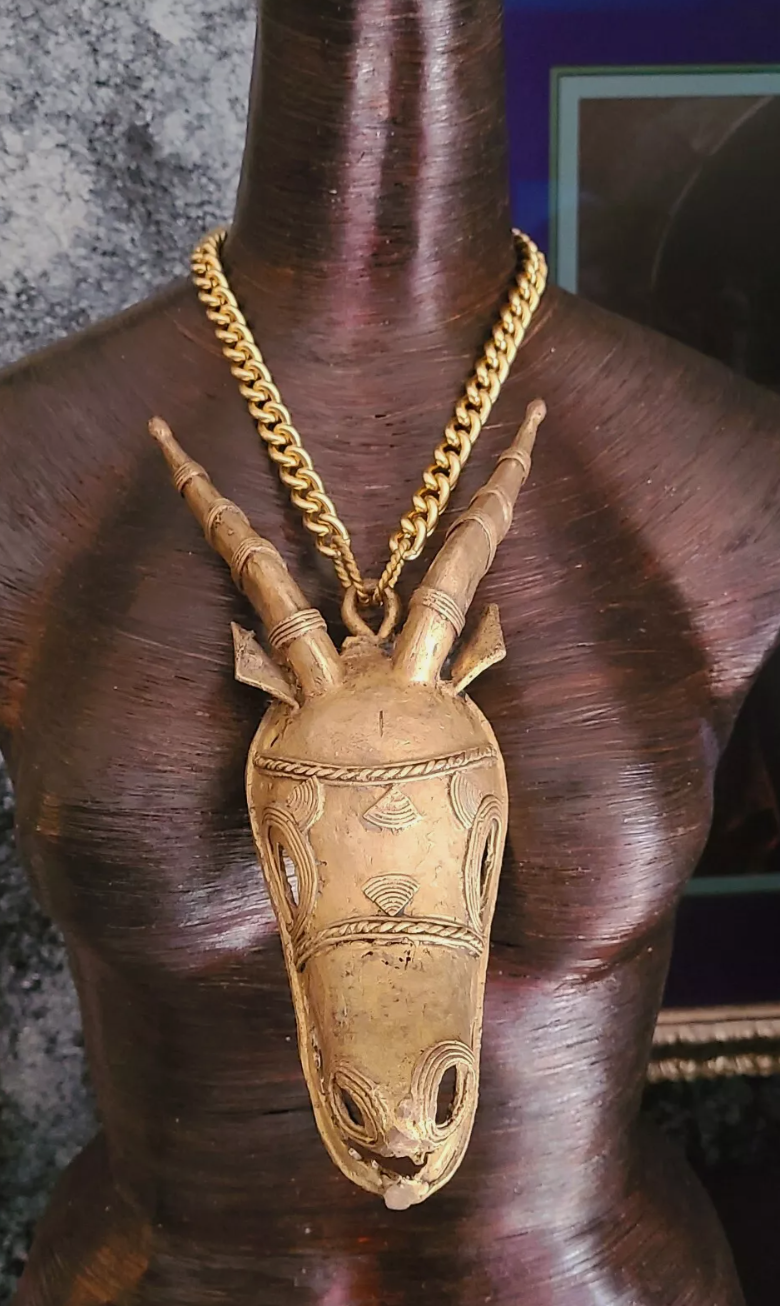 African Lost Wax Brass Gazelle Head Chest Piece - Hip Hop Inspired Tribal Statement Pendant for Men of Color - Ethnic Photoshoot Accessory - Kat Kouture Jewelry