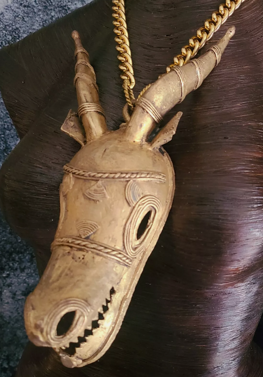 African Lost Wax Brass Gazelle Head Chest Piece - Hip Hop Inspired Tribal Statement Pendant for Men of Color - Ethnic Photoshoot Accessory - Kat Kouture Jewelry