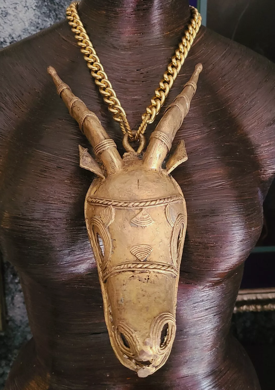 African Lost Wax Brass Gazelle Head Chest Piece - Hip Hop Inspired Tribal Statement Pendant for Men of Color - Ethnic Photoshoot Accessory - Kat Kouture Jewelry