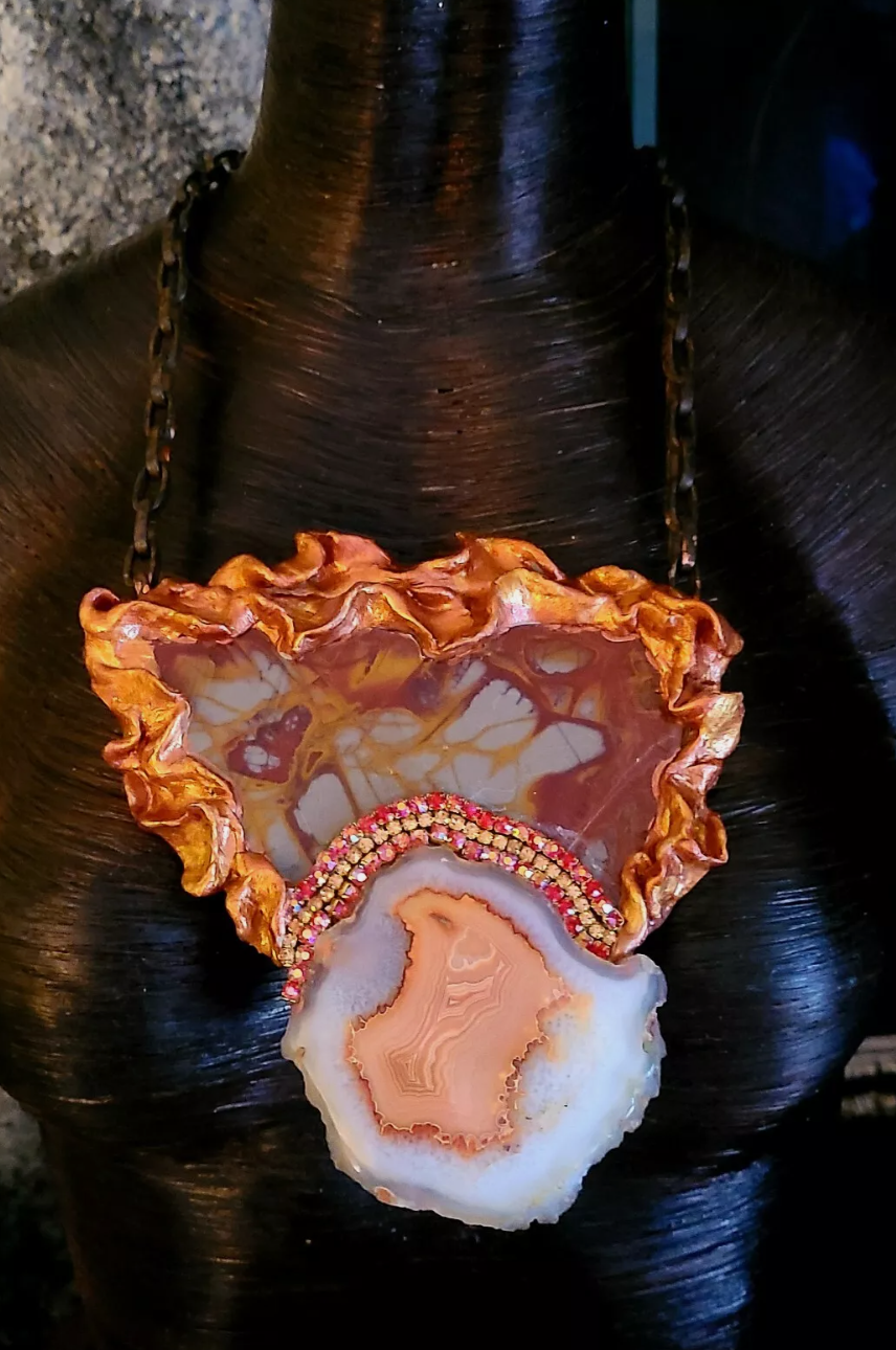 Rustic Norena Jasper Slab Sculpted Statement Pendant - Unisex Fall Exotic Slice Amulet - Redhead Talisman - Kat Kouture Jewelry