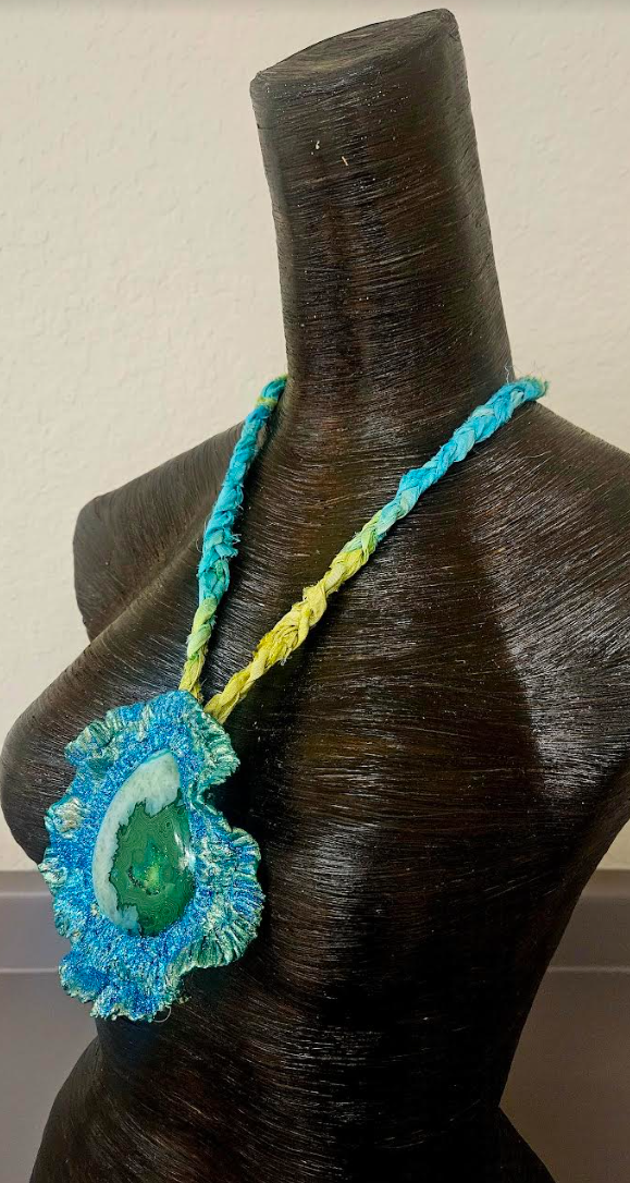 Emerald Green Druzy Agate Sculpted Pendant with Sari Silk Braid Necklace - Teal and Green Artisan Amulet - Kat Kouture Jewelry