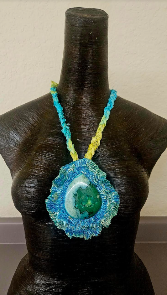 Emerald Green Druzy Agate Sculpted Pendant with Sari Silk Braid Necklace - Teal and Green Artisan Amulet - Kat Kouture Jewelry