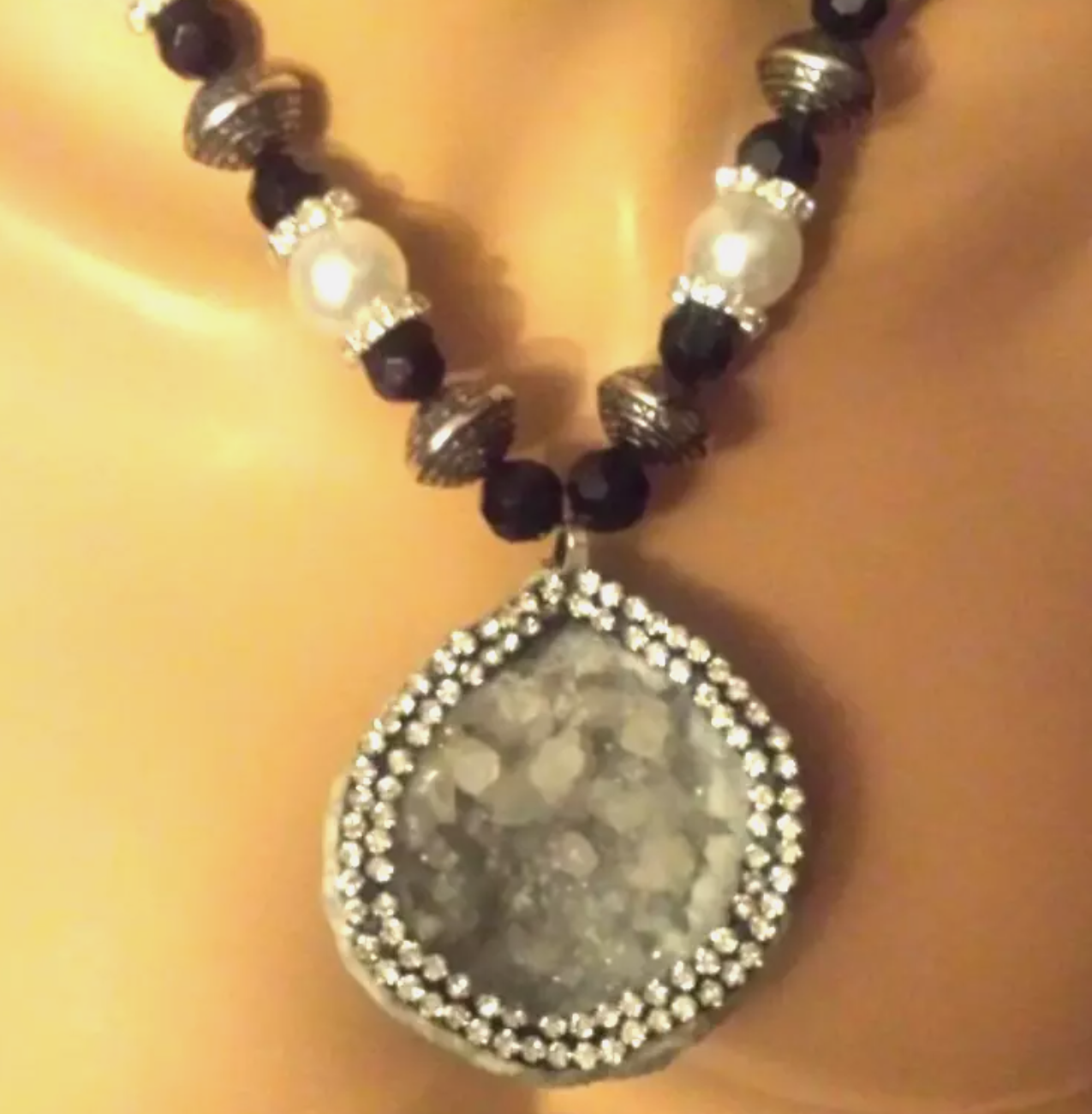 Rhinestone Geode Statement Pendant for Petite Women - Heavily Crystallized Druzy Pendant with Faux Pearl Necklace - Kat Kouture Jewelry