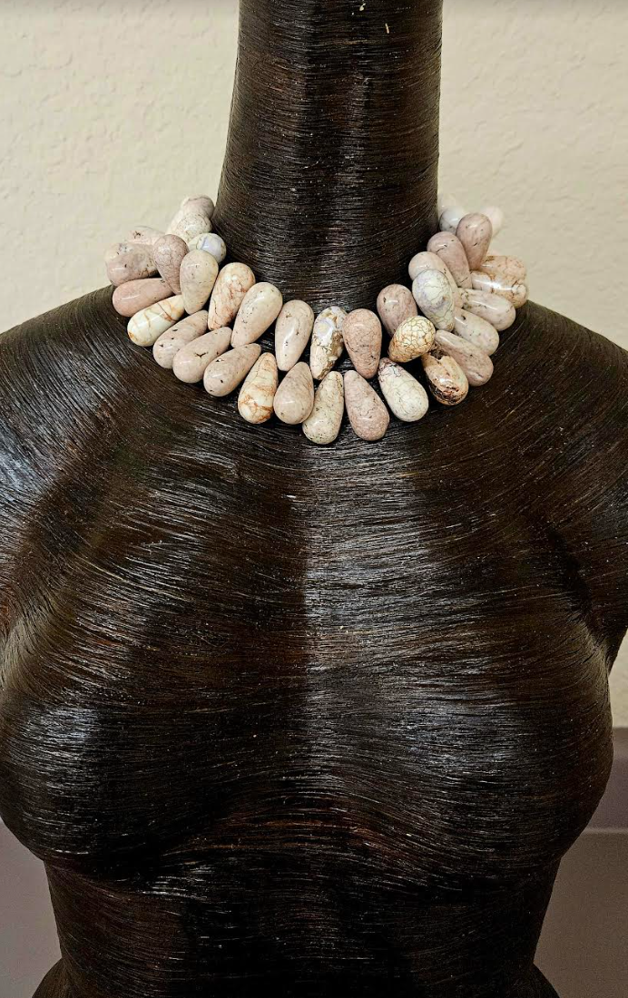 Howlite Magnesite Cream with Brown Matrixing Teardrop Choker - Faux White Buffalo Turquoise Gemstone Statement Necklace - Rich Posh Dramatic Neck Candy - Kat Kouture Jewelry