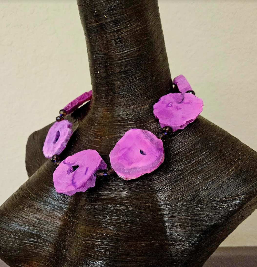 Reversible Purple Pink Druzy Agate Slice Statement Necklace - Fuchsia Crystal Slab Neck Candy - Kat Kouture Jewelry