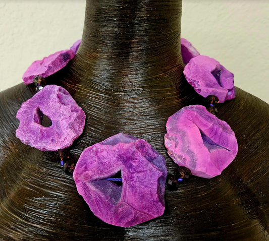 Reversible Purple Pink Druzy Agate Slice Statement Necklace - Fuchsia Crystal Slab Neck Candy - Kat Kouture Jewelry