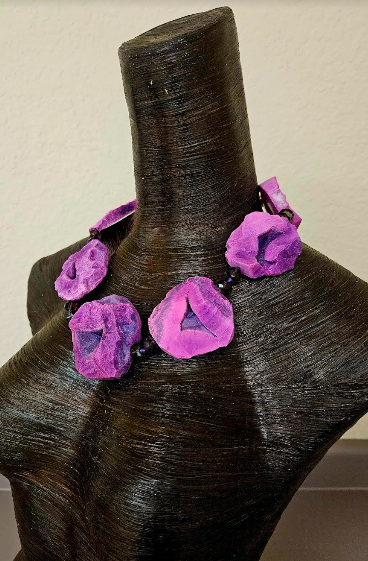 Reversible Purple Pink Druzy Agate Slice Statement Necklace - Fuchsia Crystal Slab Neck Candy - Kat Kouture Jewelry