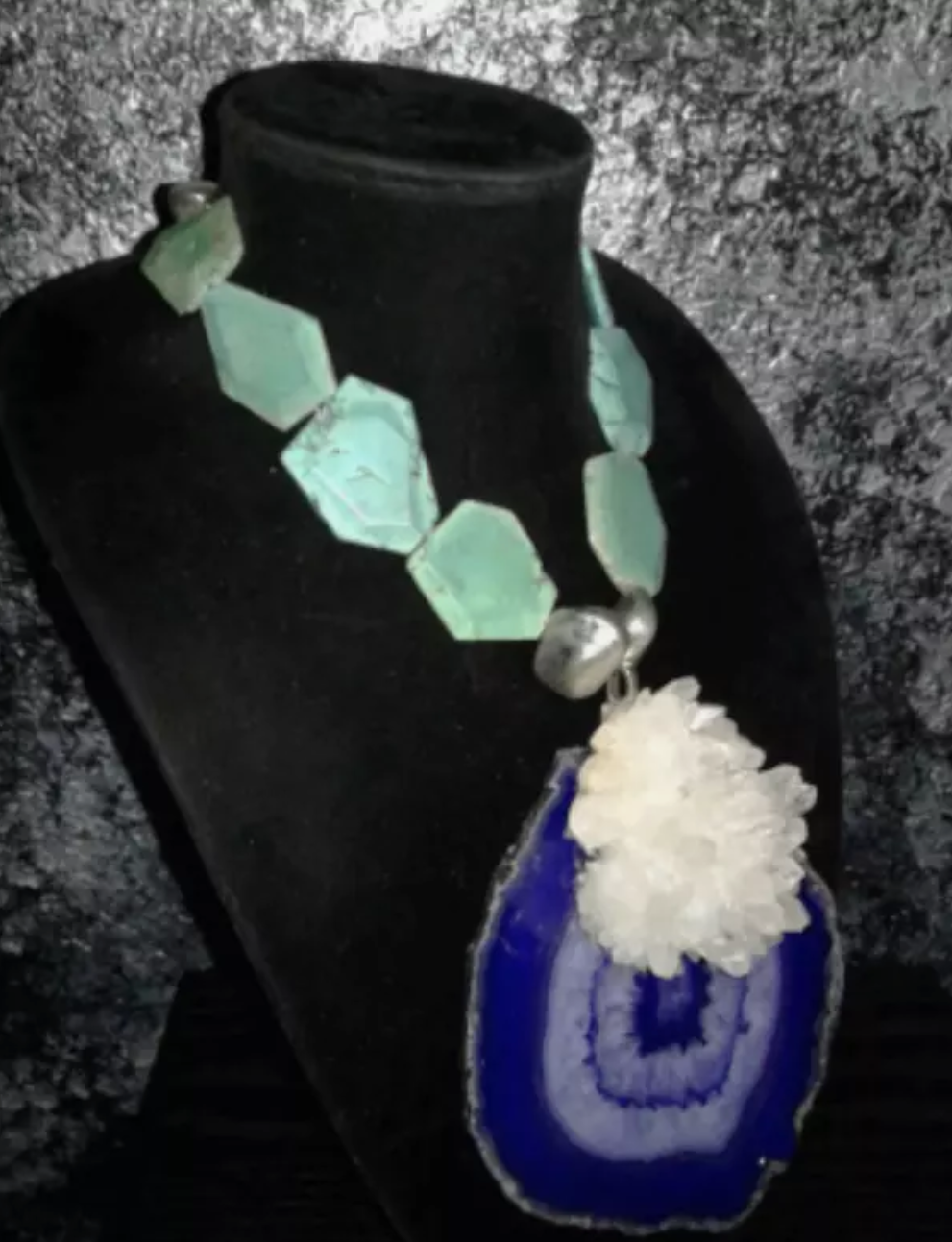 Purple Agate & White Flower Quartz Cluster Pendant with Faceted Turquoise Necklace - Teal Purple and White Gemstone Artisan Chest Piece - Kat Kouture Jewelry