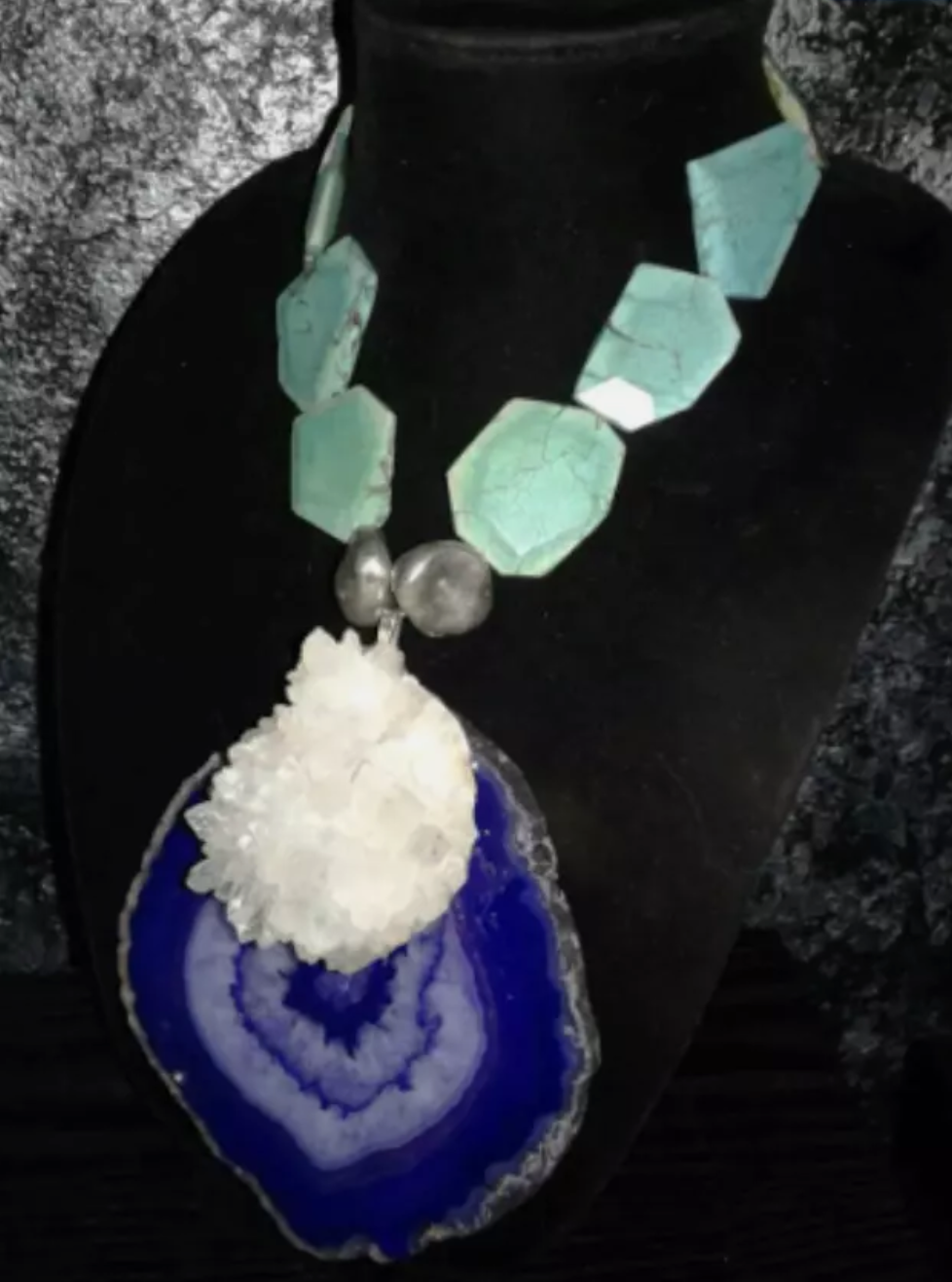 Purple Agate & White Flower Quartz Cluster Pendant with Faceted Turquoise Necklace - Teal Purple and White Gemstone Artisan Chest Piece - Kat Kouture Jewelry