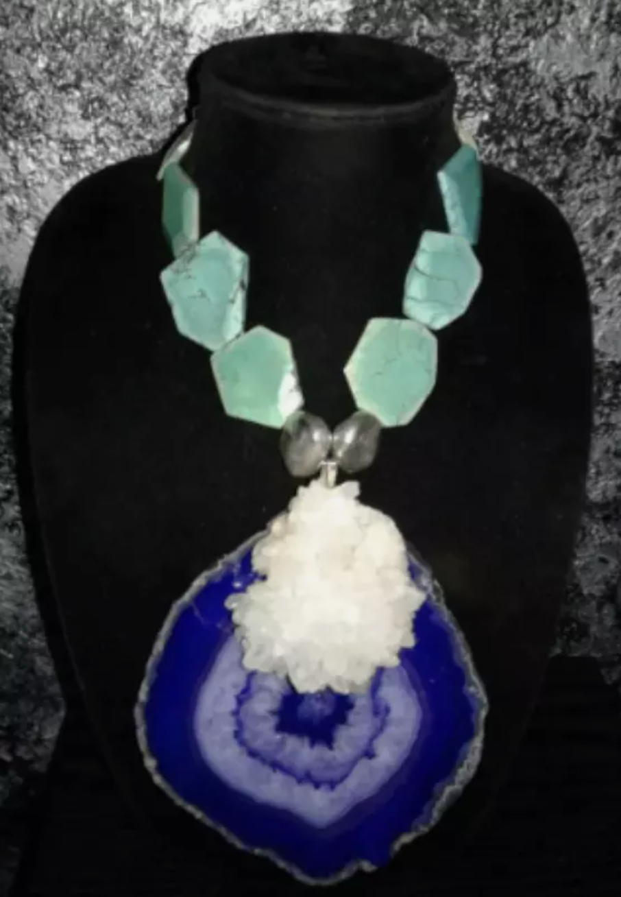 Purple Agate & White Flower Quartz Cluster Pendant with Faceted Turquoise Necklace - Teal Purple and White Gemstone Artisan Chest Piece - Kat Kouture Jewelry