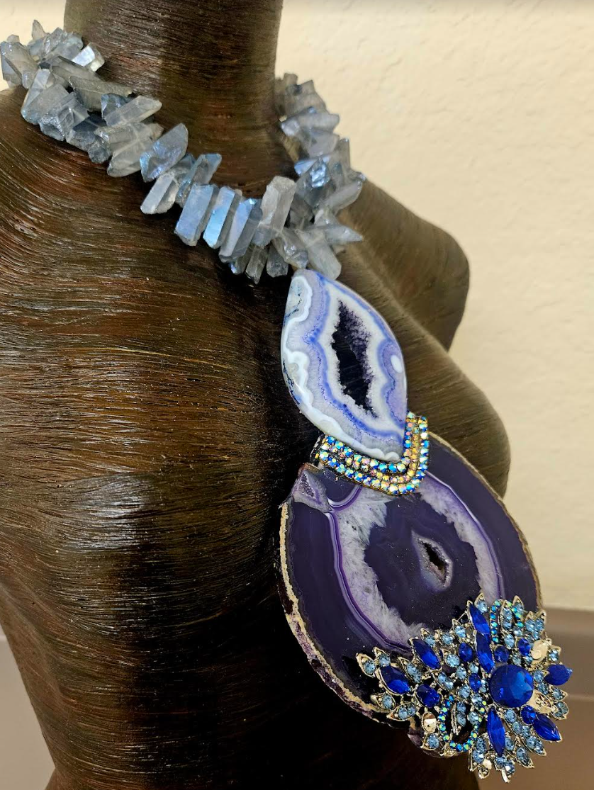 Purple & Blue Druzy Agate Rhinestone Chest Piece With Branch Quartz Necklace - Gemstone Totem Statement Pendant - Holiday Glamour Artisan Breast Plate - Kat Kouture Jewelry