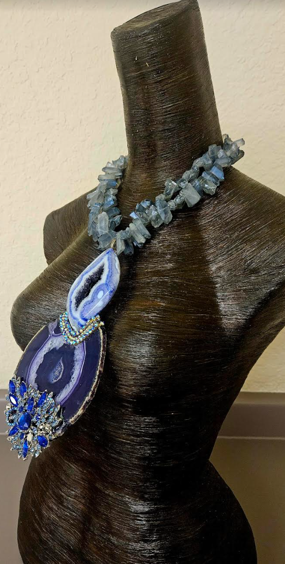 Purple & Blue Druzy Agate Rhinestone Chest Piece With Branch Quartz Necklace - Gemstone Totem Statement Pendant - Holiday Glamour Artisan Breast Plate - Kat Kouture Jewelry