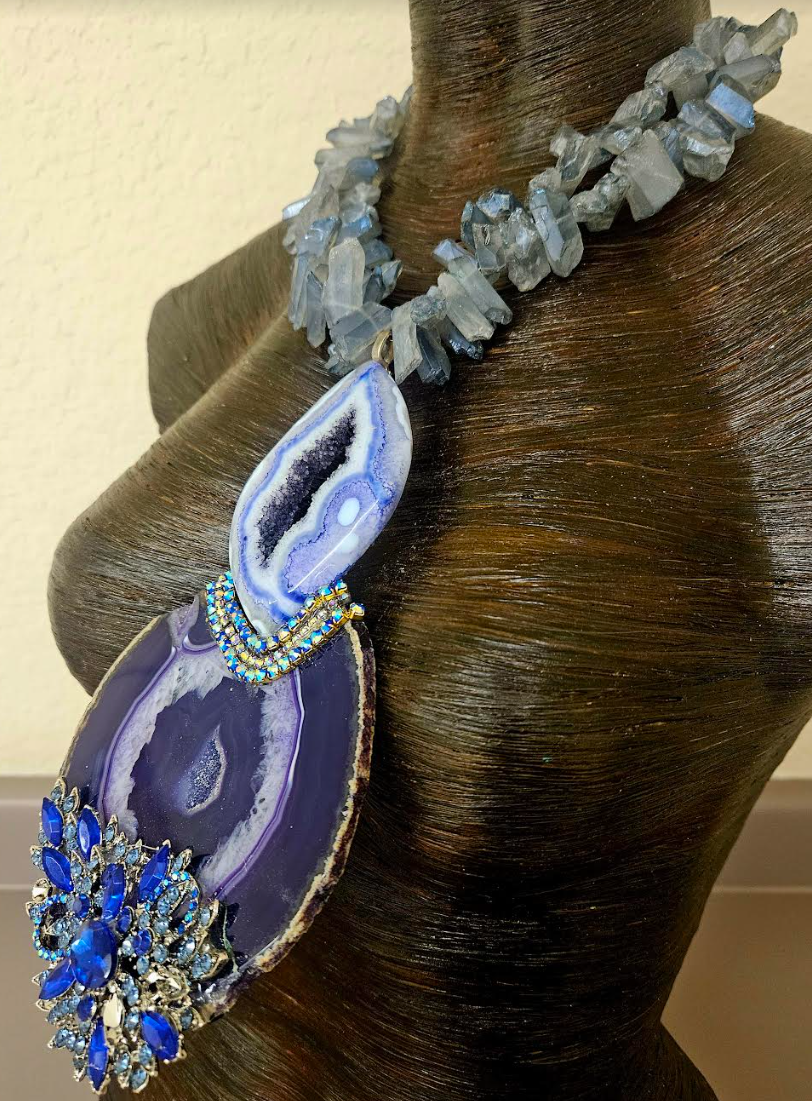 Purple & Blue Druzy Agate Rhinestone Chest Piece With Branch Quartz Necklace - Gemstone Totem Statement Pendant - Holiday Glamour Artisan Breast Plate - Kat Kouture Jewelry