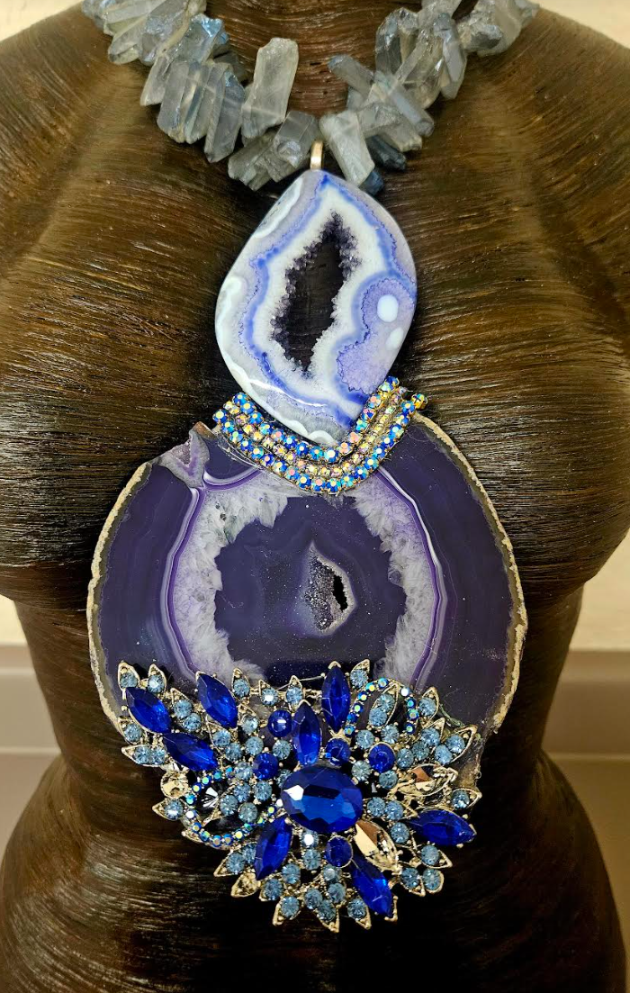 Purple & Blue Druzy Agate Rhinestone Chest Piece With Branch Quartz Necklace - Gemstone Totem Statement Pendant - Holiday Glamour Artisan Breast Plate - Kat Kouture Jewelry