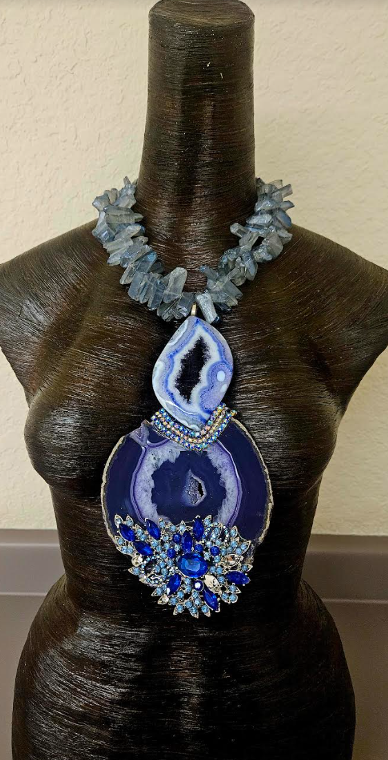 Purple & Blue Druzy Agate Rhinestone Chest Piece With Branch Quartz Necklace - Gemstone Totem Statement Pendant - Holiday Glamour Artisan Breast Plate - Kat Kouture Jewelry