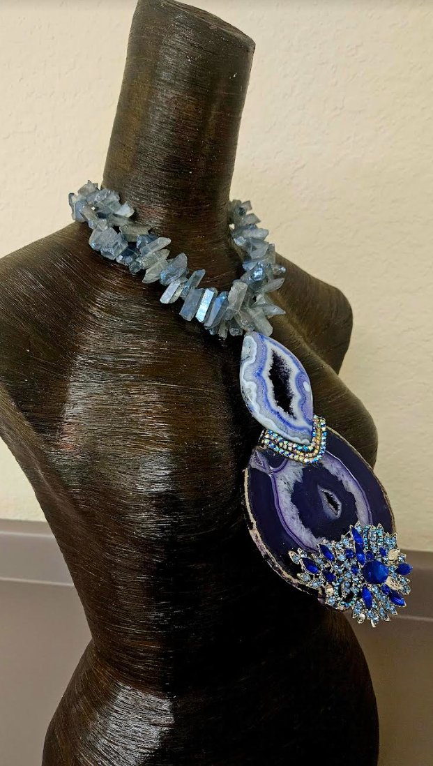 Purple & Blue Druzy Agate Rhinestone Chest Piece With Branch Quartz Necklace - Gemstone Totem Statement Pendant - Holiday Glamour Artisan Breast Plate - Kat Kouture Jewelry